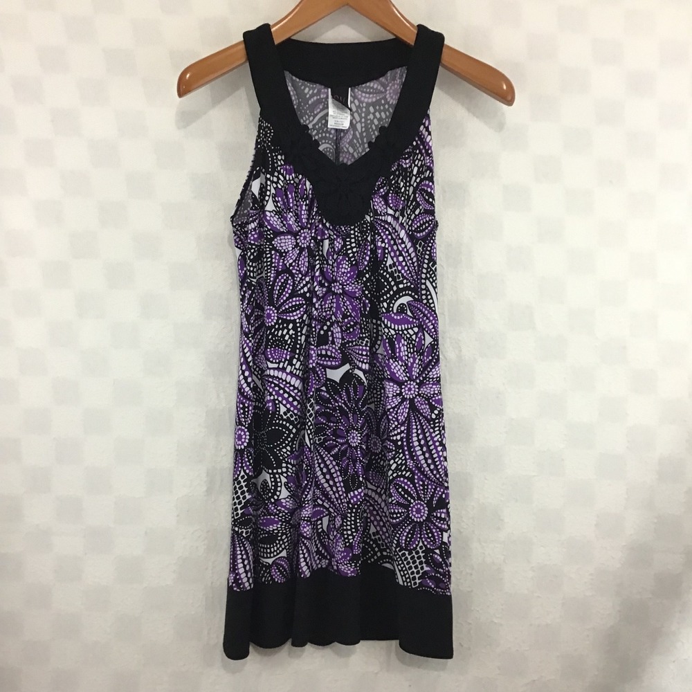 Wrapper Purple Black Floral Paisley Crochet Lace V-Neck‎ Tunic Dress Medium